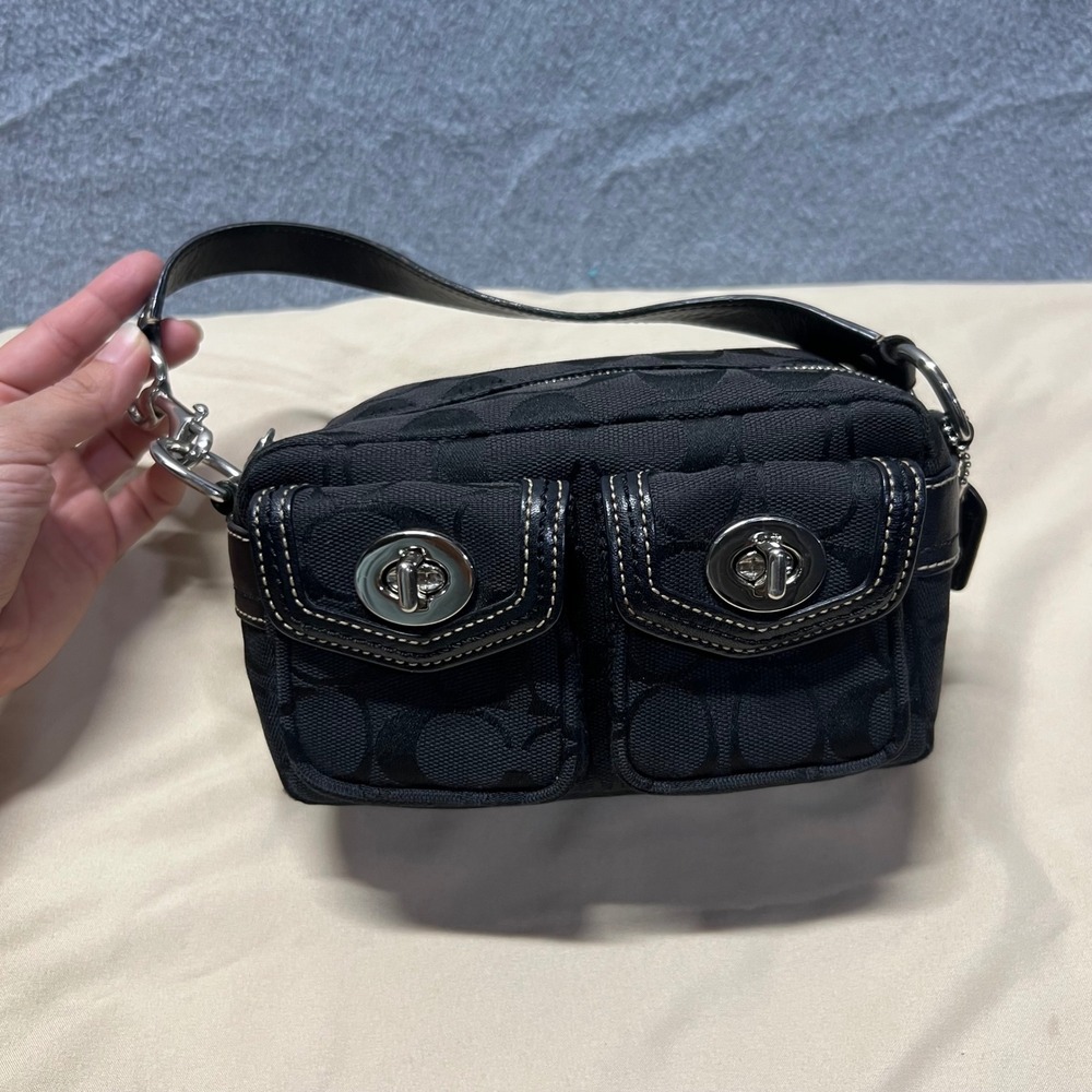 Vintage Coach Signature Black Jacquard Mini Legacy Double Turnlock Cargo Pockets